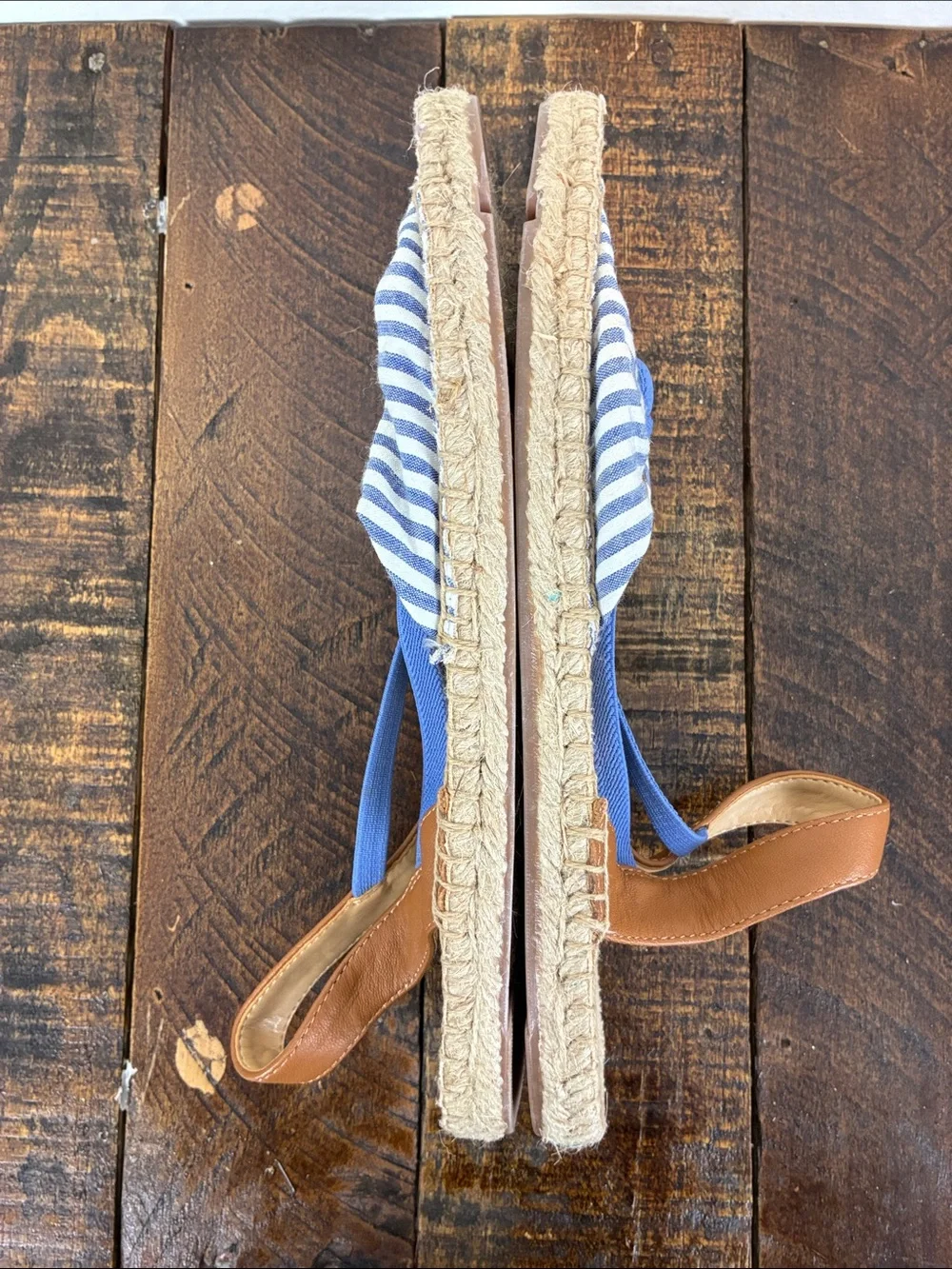 New Talbots Women’s 9 Blue Tan Striped Bow Espadrille Sandals Ilyssa Flat